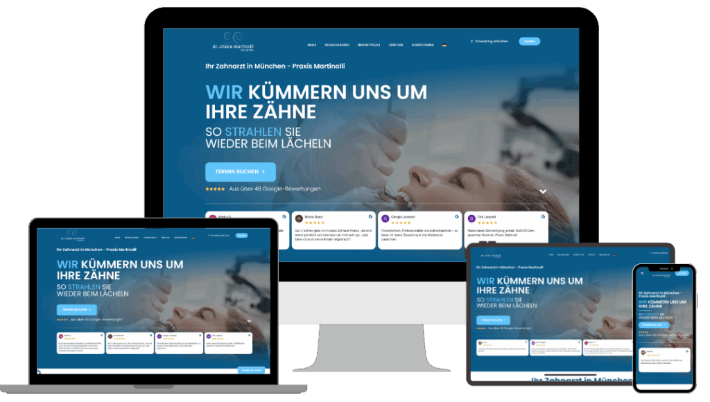 Responsive Darstellung der Zahnarzt-Website "Praxis Martinolli" auf Desktop, Laptop, Tablet und Smartphone.